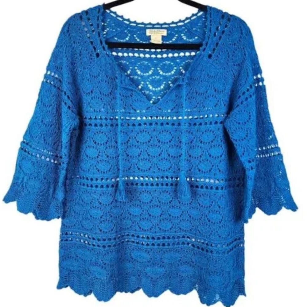 LUCKY IN LOVE DEEP TEAL OPEN KNIT CROCHET TOP